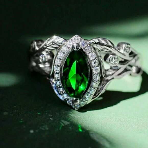 Oval Cut Emerald & White Baguette Diamond Cocktail Ring 925 Sterling Silver - Picture 1 of 3